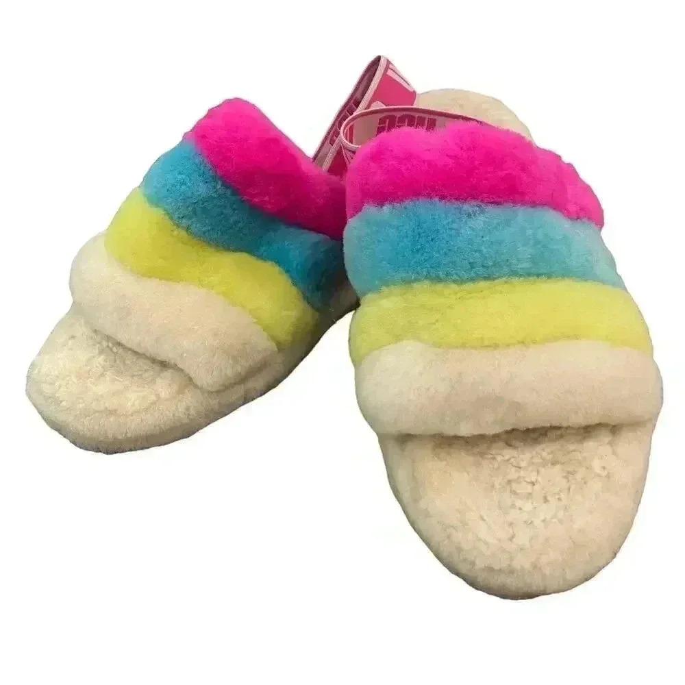UGG Multicolored Rainbow Berrylicious Fluff Yeah Sheepskin Slippers Size 4